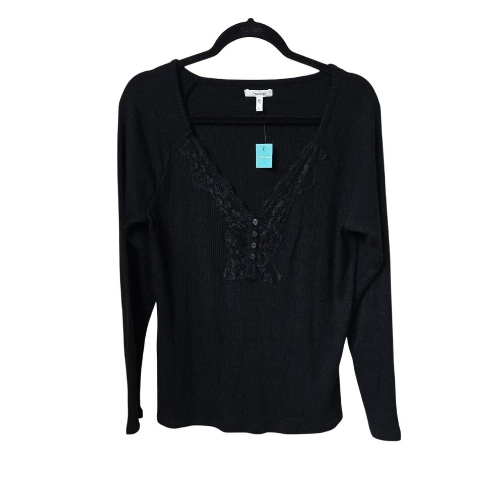 Maurices Black Heartland Lace Trim Henley Long Sleeve Top Womens Large NWT